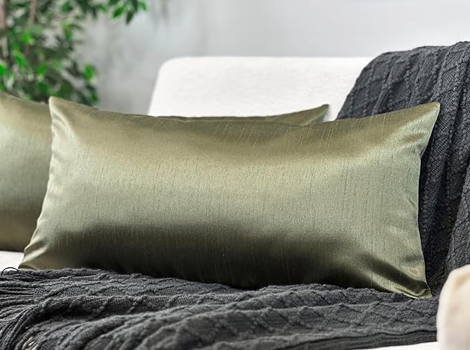 Aiking Home 12x24 Inches Faux Silk Rectangular Throw Pillow Cover, Zipper Closure, Sage (Set of 2)