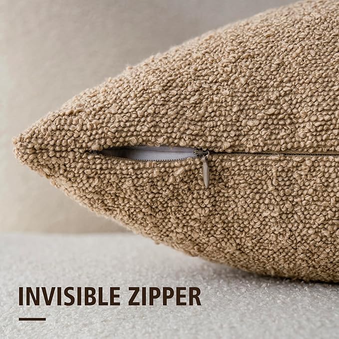 Foindtower Pack of 2 Textured Boucle Throw Pillow Covers Accent Solid Pillow Cases Cozy Soft Decorative Couch Cushion Case for Chair Sofa Bedroom Living Room Home Decor, 20 x 20 Inch,Taupe Khaki Camel