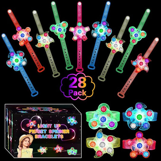 28 Pack LED Light Up Fidget Spinner Bracelets, Party Favors for Kids 4-8 8-12 Glow in The Dark Party Supplies Treasure Box Toys for Class Birthday Gifts Xmas Stocking Stuffers for Teens Goodie Bags