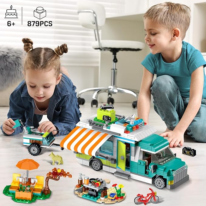 HOGOKIDS City Camper Van Building Set with LED Light - 3-IN-1 Holiday RV Camping Building Toy for Kids 879PCS with Tent BBQ Grill Vehicles Friends Creative Adventure Gift for Boys Girls 6-12 Years Old