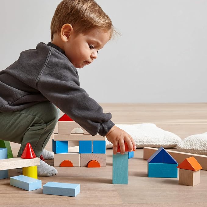 HABA Colored Wooden Building Blocks - 46 Piece Set of Wooden Toys, Stacking Toys for Toddlers 1-3 Ideal Open Ended Toys, Made in Germany