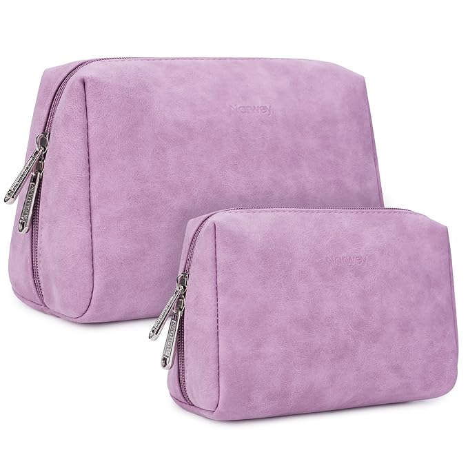2 Pack Vegan Leather Makeup Bag Zipper Pouch Travel Cosmetic Organizer for Women (Large (Pack of 2), Purple)