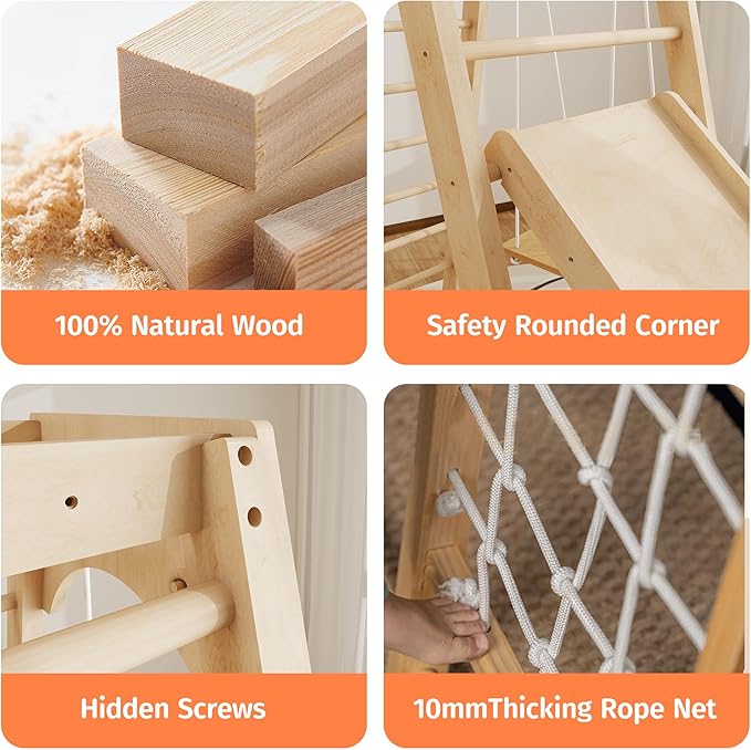 Indoor Jungle Gym, Montessori Climbing Toys, Toddler Indoor Playground Set 8-in-1 with Swing, Armband, Rock Climb Wall, Slide, Monkey Bar, Wood & Rope Ladder, Rope Wall Ladder for Kids 1-8yrs