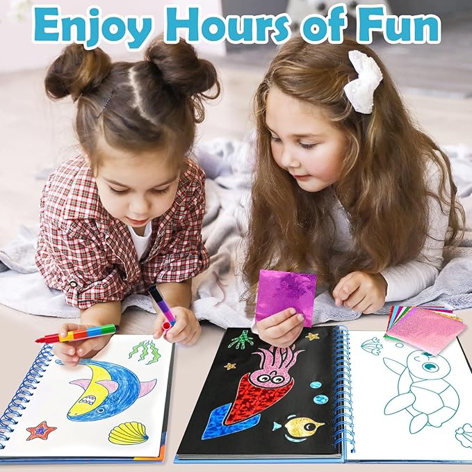 Foil Art Craft Activity for Kids: Fun DIY Toy Sticker Kit, No Mess Creative Travel Supply Set, Idea Birthday Easter Basket Stuffers Valentines Gift for Girl Boy Toddler 4 5 6 7 8 9 Year Old (Ocean)