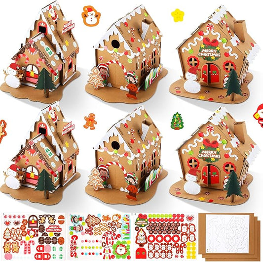 6 Sets Christmas Gingerbread House Kit Christmas Crafts for Kids Mini Christmas Cardboard Make-a-Gingerbread House Craft for Boy Girl Christmas Party Game Craft Supplies(Classic Style)