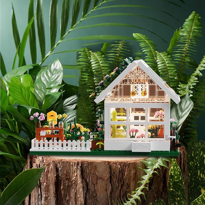 Flower House Building Mini Set with LED, City Street View Greenhouse Building Blocks Toy, Valentine Xmas Gift for Friends or Girls 8-12 Year