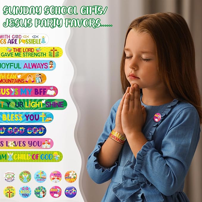 Frienda 60 Pcs Easter Religious Gifts Religious Slap Bracelets with Badges Christian Gifts for Kids Jesus Love You Wristbands Bracelets for Vbs Sunday School Supplies Birthday Party Favors(God)