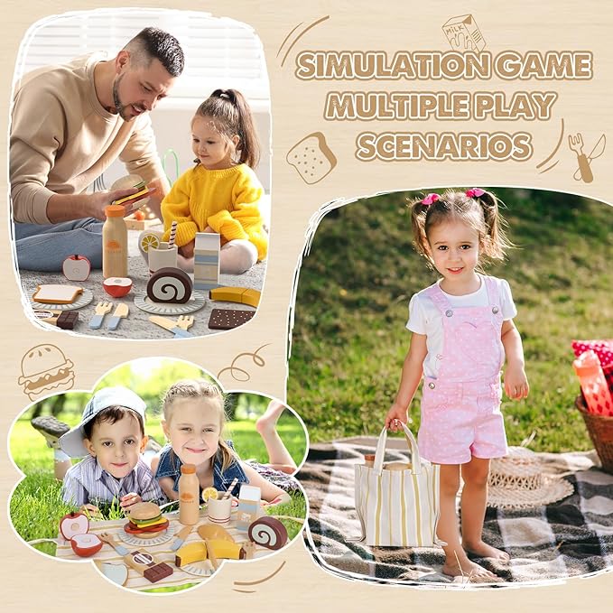 Lehoo Castle Play Food Sets for Kids Kitchen, Wooden Toys Food for Toddlers 1-3, Pretend Picnic Play Set, Cutting Food Toys, Gift for Girls Boys 3 4 5 6