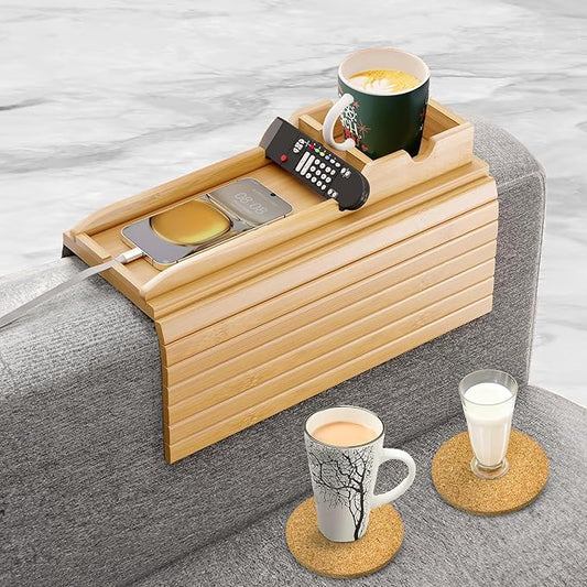 Bamboo Couch Cup Holder Tray with 2 Cork Coasters, Caddy, Anti-Slip Foldable Armrest Sofa Tray, Anti-Spill Holder for Remote, Snacks, Cellphone - Ideal Gift