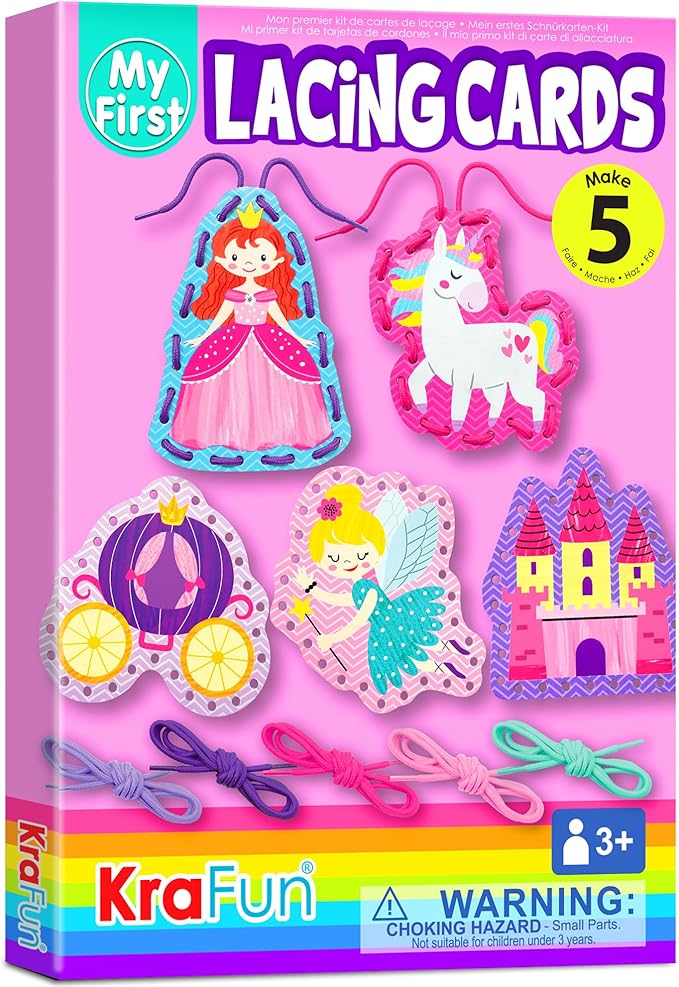 KRAFUN Beginner Unicorn My First Lacing Card Kit for Kids Arts & Crafts, 5 Easy Princess Lacing Projects, Lacing Cards for Toddlers, Fine Motor Preschool Skills Toys