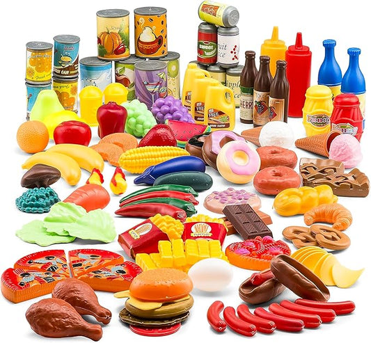 Jaxojoy 122 Piece Pretend Play Food Set for Kids - Toy Food for Kids Kitchen Set, Pretend Play Kitchen Food, Kids Kitchen Accessories Set