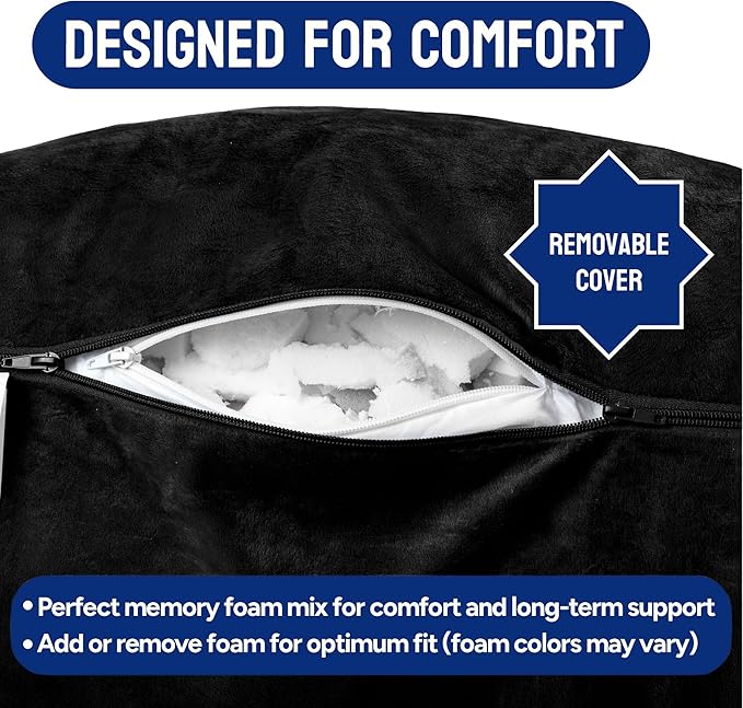 ComfortSpa Reading Pillow for Kids Teens Adult, Back Rest Pillow with Arms, Pockets, Washable Cover; Use as a Back Pillow for Bed Sitting Up for Bedrest or Relief from GERD Heartburn (Standard Black)