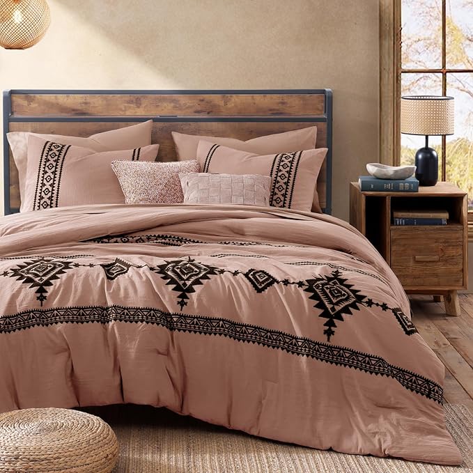 MaiRêve Embroidery Comforter Set, Boho Farmhouse Western Bedding Set, All Season Bed in A Bag Comforter Set with Sheets, Pillowcases & Shams, Dusty Pink Full 7 Pieces