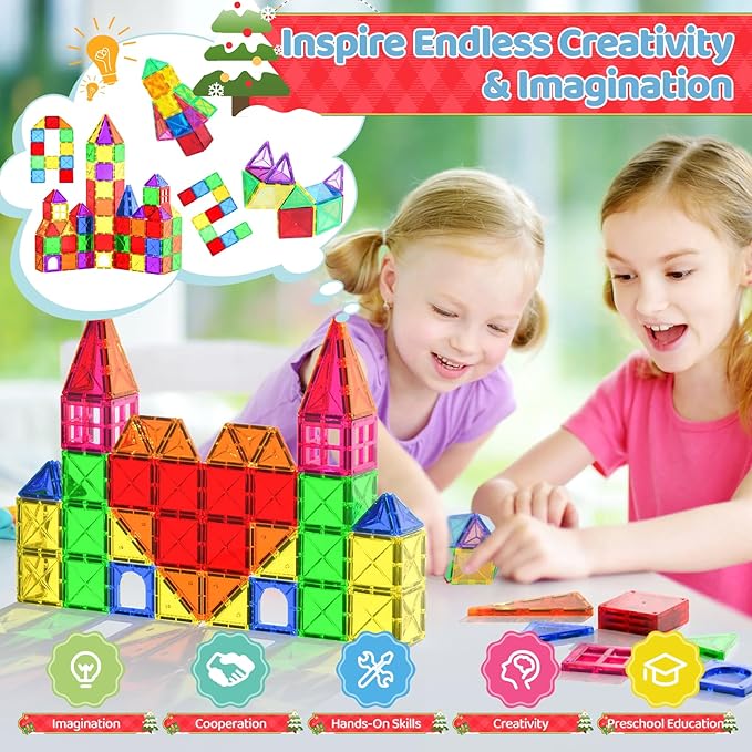 Crenova Magnetic Tiles Kids Toys, Magnetic Blocks Building Sets, Construction STEM Sensory Toy for Toddler Ages 4-8, Preschool Learning Educational Game for Boys Girls, Birthday Gift