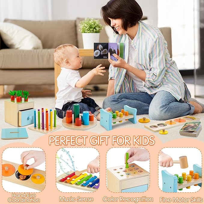 Wooden Montessori Toys for 1+ Year Old, 9 in 1 Learning Educational Toys for Toddler with Educational Box, Xylophone, Pound Bench, Shape Puzzle and More, Baby Toy Gift for 12-18 Months