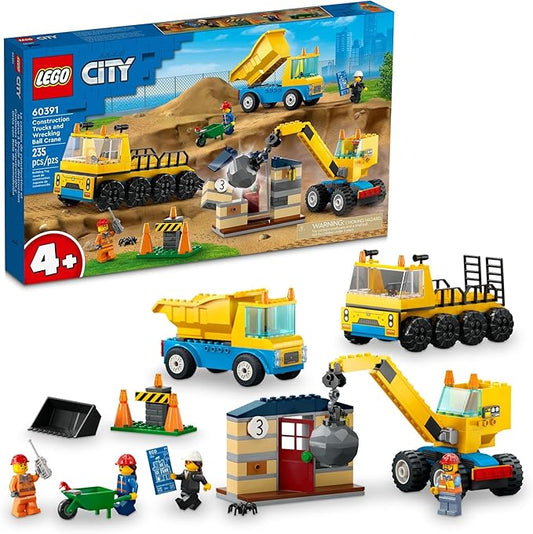 LEGO City Construction Trucks and Wrecking Ball Crane 60391 Building Toy Set for Toddler Kids Ages 4+, Includes 3 Construction Vehicles, an Abandoned House and 3 Minifigures for Pretend Play
