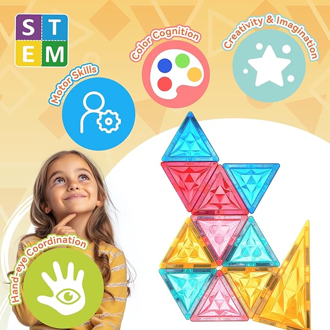 Magnetic Tiles Set, Magnet Tiles Building Blocks with Car Toy Figurines and Stickers, Construction Educational STEM Sensory Toys Gifts for 3 4 5 6 7 8 + Year Old Kids Toddlers Boys Girls