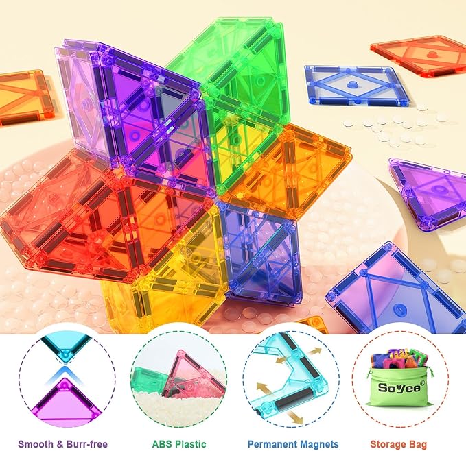 52PCS Magnetic Tiles Toys for 3 Year Old Boys and Girls Magnetic Building Blocks STEM Learning Toys Sensory Montessori Toys for Toddlers Kids