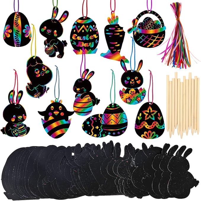 HOWAF 36pcs Easter Scratch Art for Kids Crafts Gift, Easter Egg Rainbow Scratch Art Paper for Kids Easter Drawing DIY Tags Decoration Easter Party Bag Fillers, Easter Egg Bunny Chick Carrot Basket