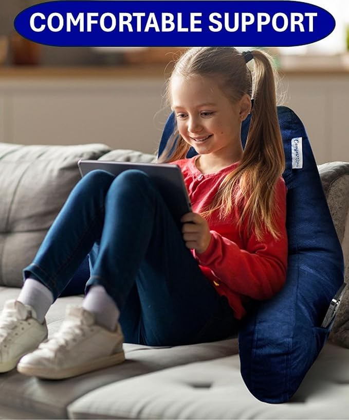 ComfortSpa Reading Pillow for Kids Teens Adult, Back Rest Pillow with Arms, Pockets, Washable Cover; Use as Back Pillow for Bed Sitting Up for Bedrest, Relief from GERD Heartburn (Standard Blue)