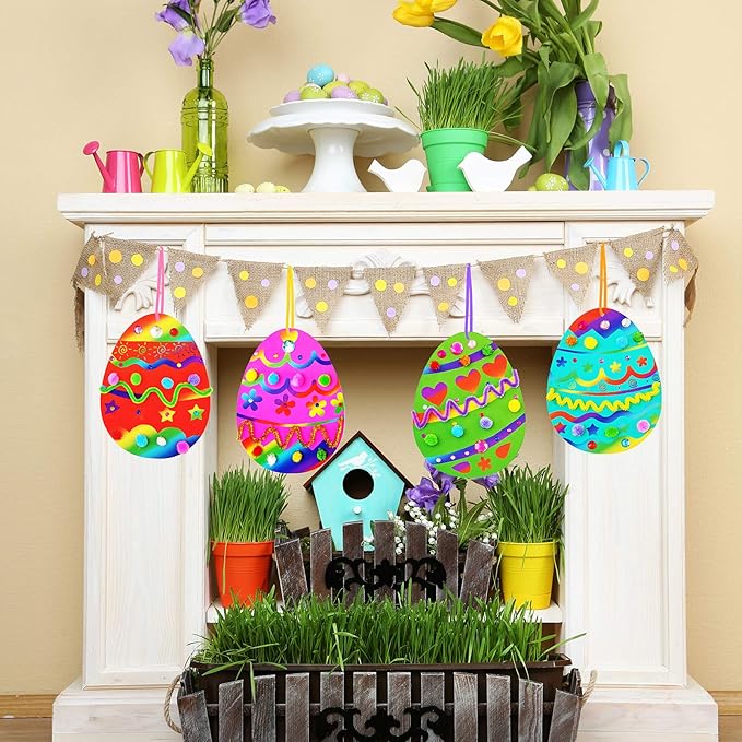 32 Sets Magic Color Scratch Art Easter Egg Ornaments Decorations DIY Easter Craft Kits Assorted Scratch Paper Egg Pom-poms Pipe Cleaners for Kids Party Favors Classroom Home Activity Art Project