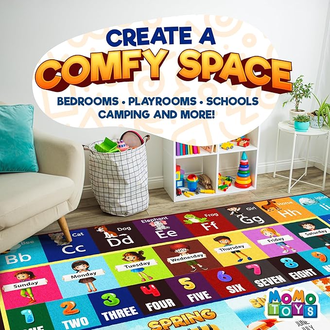 Educational Rug – Non-Slip ABC Carpet for Kids Room – 55" x 39" Soft Alphabet Kids Rug for Playroom, Daycare, Preschool, Classroom, Play Mat – Childrens ABC Mat with Letters Numbers Animals Months