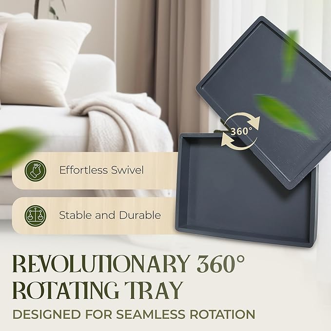 Bamboo Couch Arm Table, Sofa Arm Tray, 360 Rotating Table, Clip On Side Table for Couch, Perfect Size for Remotes, Storage and Includes 4 Bonus Coasters, 13x9.25x2.5in, Grey