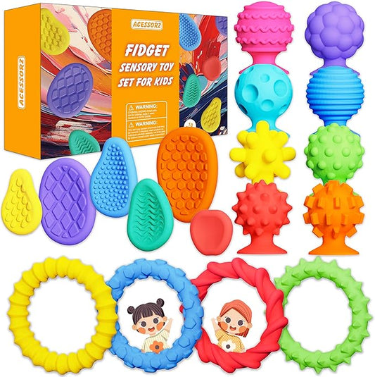 Fidget Sensory Toys for Kids Toddlers, 18 Pack Soft Textured Squishy Stress Relief Toys - Stretchy Fidget Bracelet, Textured Suction Cup Ball, Sensory Stone - Calm Down Toy for Autism Special Needs