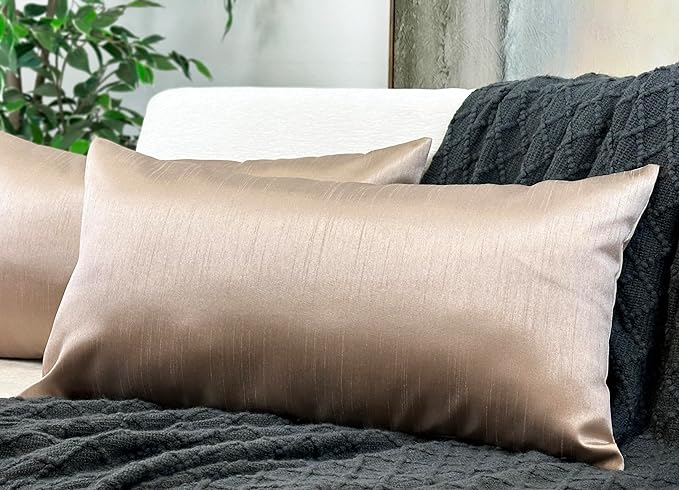 Aiking Home 12x24 Inches Faux Silk Rectangular Throw Pillow Cover, Zipper Closure, Sand (Set of 2)