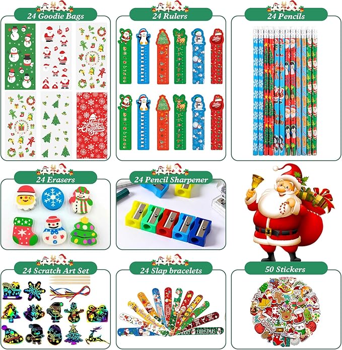 Christmas School Stationery Set with Rulers Pencils Erasers Stickers Treat Bags Party Favors for Kids Students Classroom Gift Exchange School Games Prizes Reward Carnival Holiday Gifts