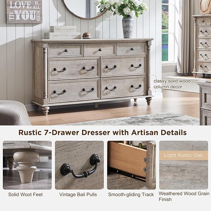 T4TREAM Farmhouse 7 Drawers Dresser Chests for Bedroom w/ 4 Column Solid Wood Feet, Tall Wide Wood Country Rustic Chest of Drawers, Storage Dressers for Bedroom, Living Room, Light Rustic Oak