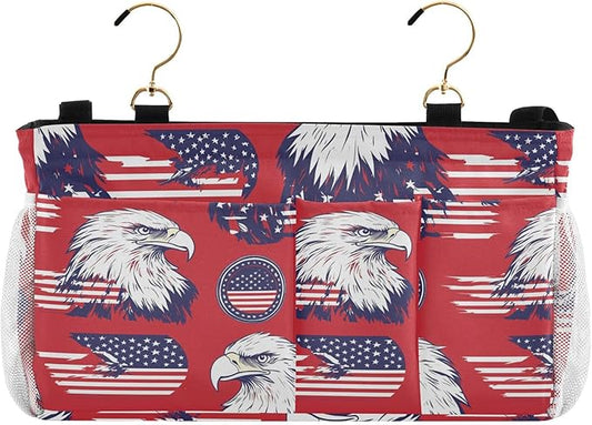American Flag Bald Eagle Red Bedside Caddy for Dorm Bed Bedside Hanging Caddy Bag Iron Frame Storage Organizer Pocket for Bunk Home College Hospital Beds 2 Hooks