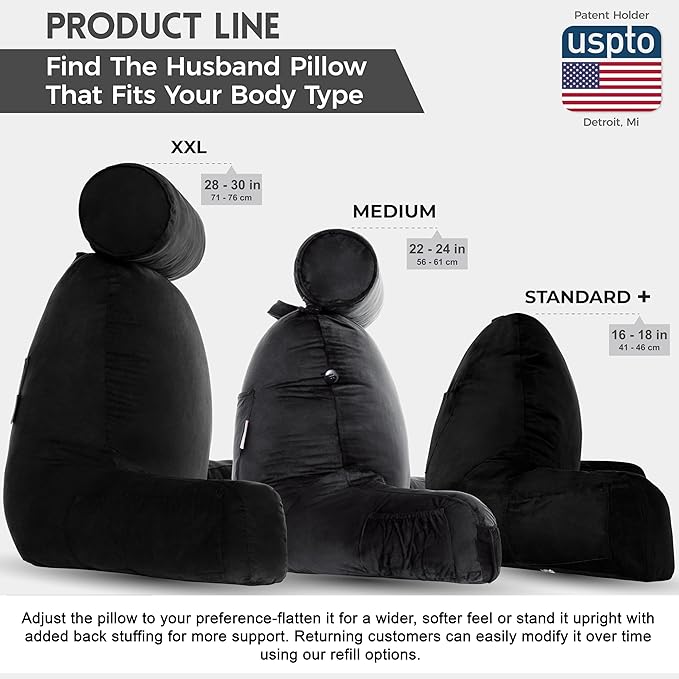Husband Pillow Aspen Stable Black, Reading Pillow Bed Rest Chair, Two-Sided Reversible Fabric, Large Lounge Cushion Adult Backrest with Arms, Comfy Back Support for Sit Sitting Up, Wash/Remove Cover