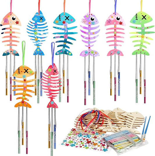 Fennoral 12 Pack Wind Chime Kit Spring Craft for Kids Wooden Arts and Crafts for Girls Boys Make Your Own Fish Wind Chime Ornaments DIY Coloring Fish Craft for Spring Easter Birthday Party Supplies