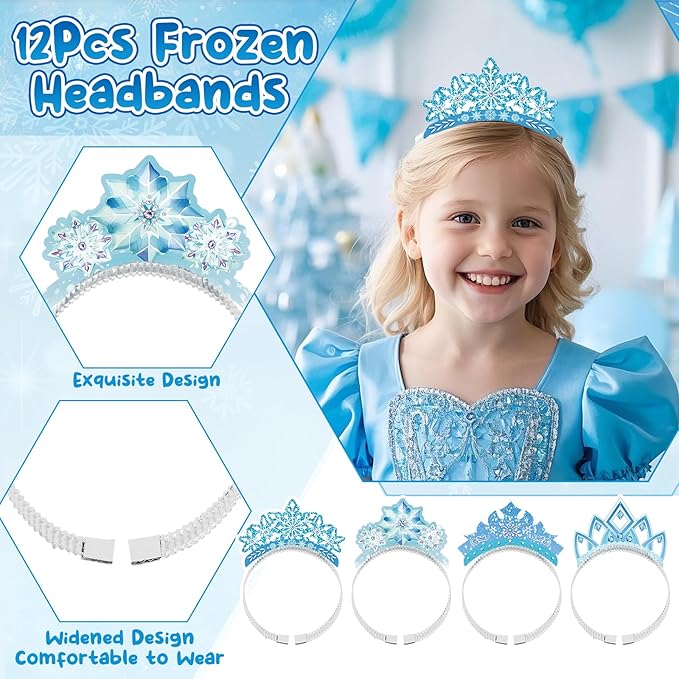 Frozen Party Favors Birthday Supplies Frozen Ribbon Wand Princess Tiara Crown Diamond Ring Slap Bracelet Sticker Snowflake Winter Elsa Party Favors Goodie Bags Stuffers Birthday Party Decorations