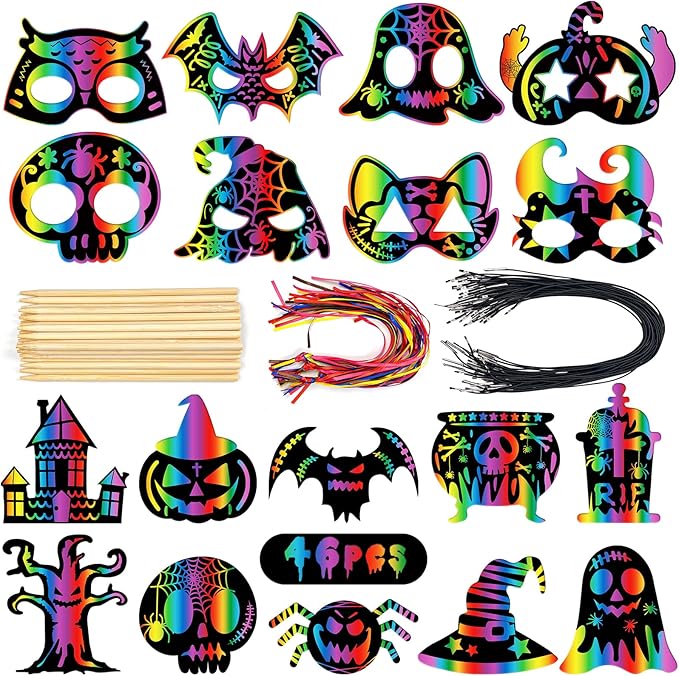 Leesgel Halloween Scratch Crafts for Kids, 16Pcs Halloween DIY Cosplay Scratch Mask and 30Pcs Magic Scratch Off Paper, Halloween Party Games Favors Classroom Activity Art Kit
