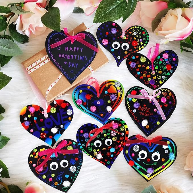 27 Sets Magic Color Scratch Paper Heart Ornaments Bookmarks Valentine Craft Kits Scratch Paper Heart Cutouts Pom-poms Googly Eyes for Kids Activity Art Project Valentine Party Favor Tree Decoration