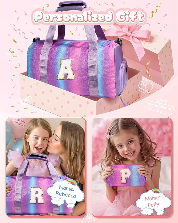 Gifts for Granddaughter-Girl Gym Bag with Shoe Compartment, Kid Personalized Weekender Overnight Bags, Initial Travel Tote with Makeup Pouch, Trendy Stuff for Teen Sister (Letter L)
