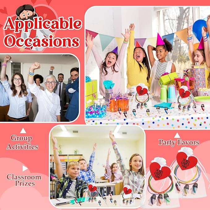Bememo 150 Pcs Jesus Toys 50 Jesus Loves You Rubber Bracelets 50 Mini Jesus Figures 50 Organza Bag and Card Jesus Wristbands Bracelets for Sunday School Church Hide Game Religious Gift