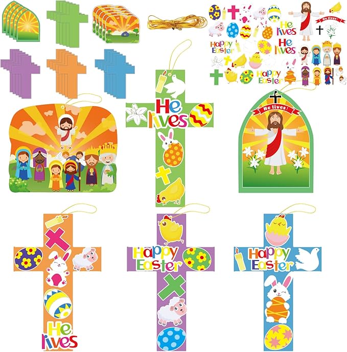 30 Sets Easter Jesus He is Risen Craft Kits for Kids DIY Easter Religious Crosses Art Craft Make a Easter Jesus Resurrection Scene Ornament Spring Christian Creative Art Projects, Kids Party Favors
