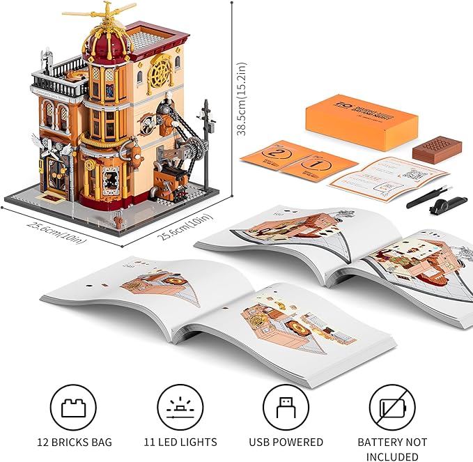 FUNWHOLE Steampunk Flying Club Lighting Building-Bricks Set - 1871 Pcs Modular Building Blocks Display Collectible Set for Adults