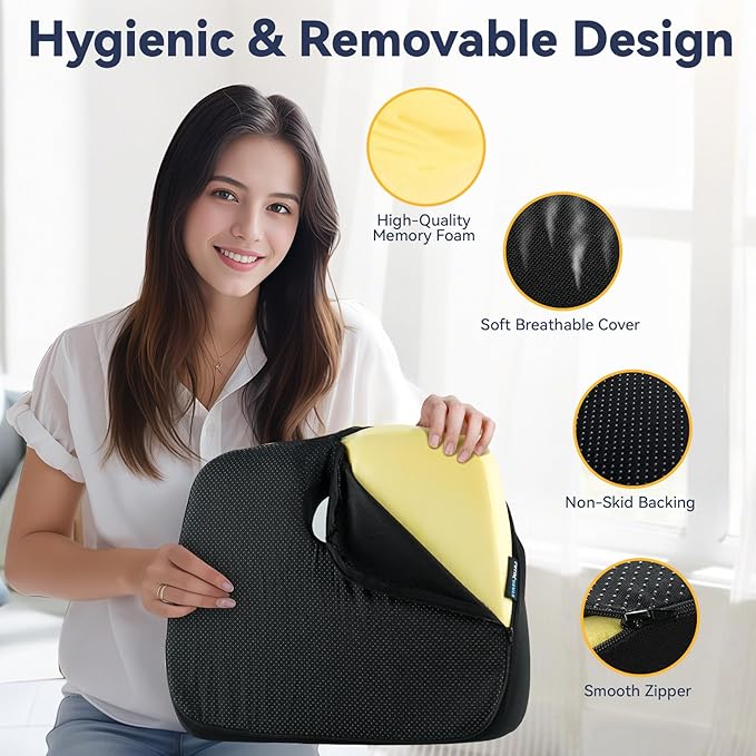 Ergonomic Memory Foam Seat Cushion for Tailbone Pain Relief –Office Chair Cushion for Coccyx, Sciatica & Pressure Relief –Large Chair Cushions for Car Seat, Wheelchair – Washable Non-Slip Cover