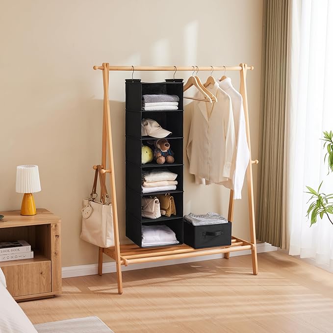 MAX Houser 6 Tier Shelf Hanging Closet Organizer, Closet Hanging Shelf with 2 Sturdy Hooks for Storage, 2 Pack, Foldable (Black)