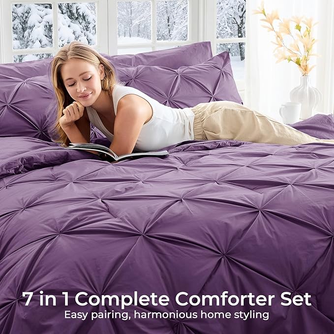 Sasttie California King Comforter Set, 7-Piece Bed in a Bag Cal King, Pintuck Bedding Set for All Season, Includes Comforter, Flat Sheet, Fitted Sheet, Pillowcases and Pillowshams, Grape Purple