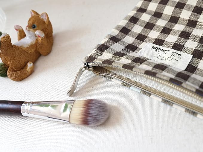 HAPPYHEIDI Brown Gingham Cotton Makeup Bag Cosmetic Travel Pouch Purse Organizer, Zipper Closure, Canvas Lined, Vintage Coffee Brown