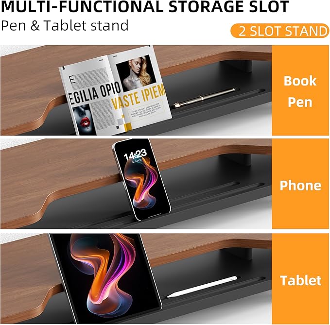 Dual Monitor Stand Riser, 39.4 Inch Large Monitor Stand with Storage Shelf, 2-Tier Desk Organizer for PC, Laptop, Printer | 2 Slots for Phone/Tablet, Computer Monitor Riser, Wood Desk Shelf for TV