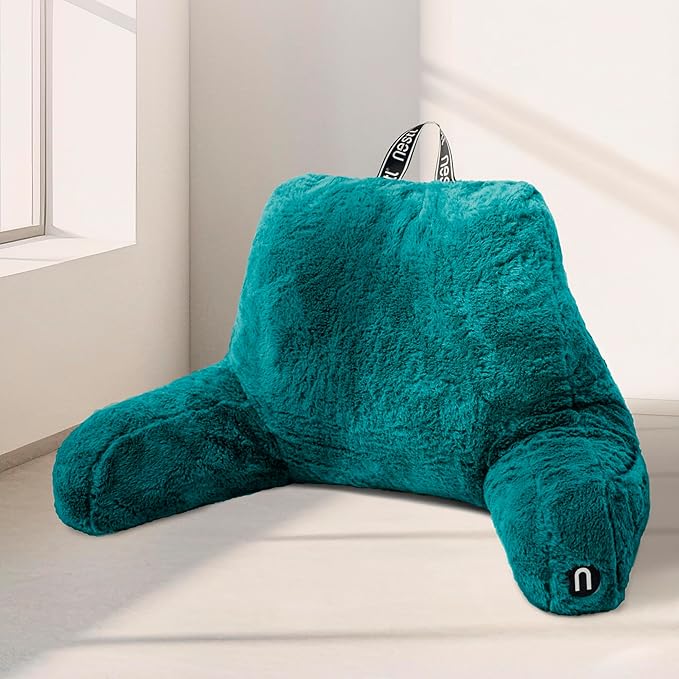Nestl Fur Reading Pillow, Stylish Back Pillow for Bed Sitting Up, Faux Fur Bed Chair Pillow with Arms, Reading Pillows for Sitting in Bed Adult & Kids, Sit Up Back Support Pillow for Bed Rest - Teal