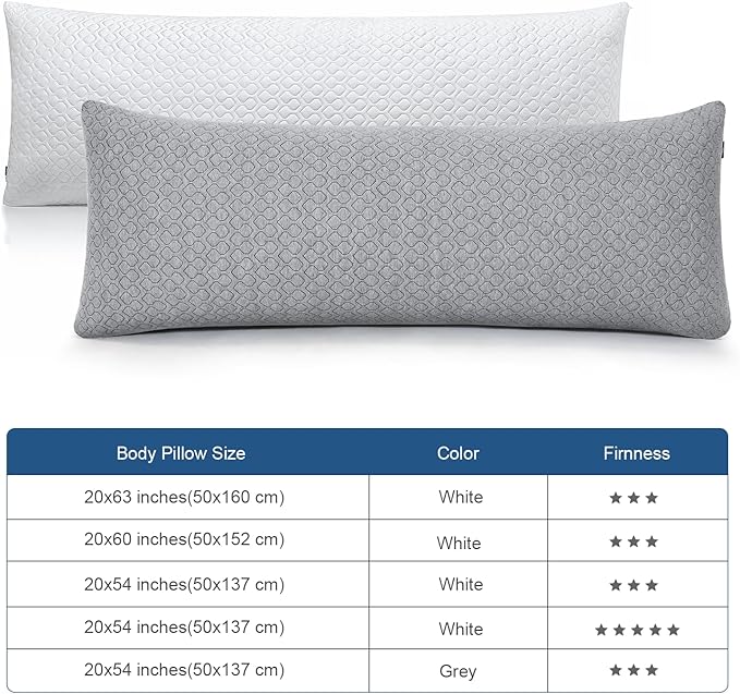 Thick Memory Foam Body Pillow - Full Body Pillows for Side Sleeper - with Grey Cooling Pillowcase 20 x 54 inches (Grey Color)