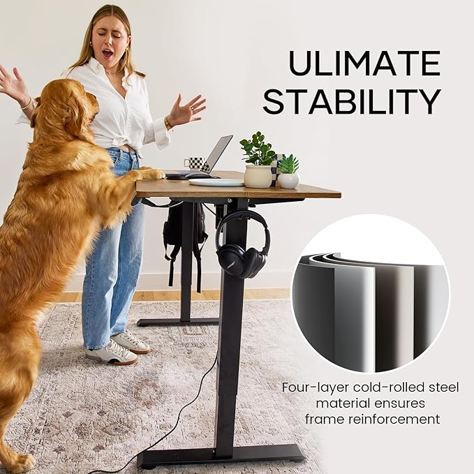 Veken 55 Inch, Height Adjustable Sit Stand Up, Wood Desktop, Work Home Office Computer PC Table, Tall Standup Workstation, Gaming Writing Study Bedroom Rising Desks, Brown