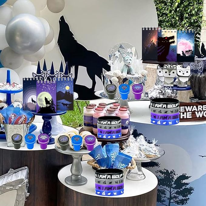 48 PCS Wolf Party Favors, Wolf Birthday Party Favors with 12 Wolf Button Pins, 12 Mini Notebooks, 12 Stampers and 12 Rubber Bracelets for Birthday Party Baby Shower Holiday
